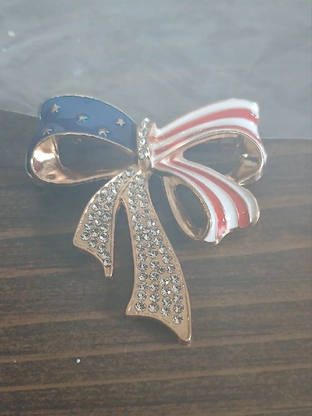 Gold-Tone Patriotic Ribbon Bow Brooch with Red, White & Blue Enamel